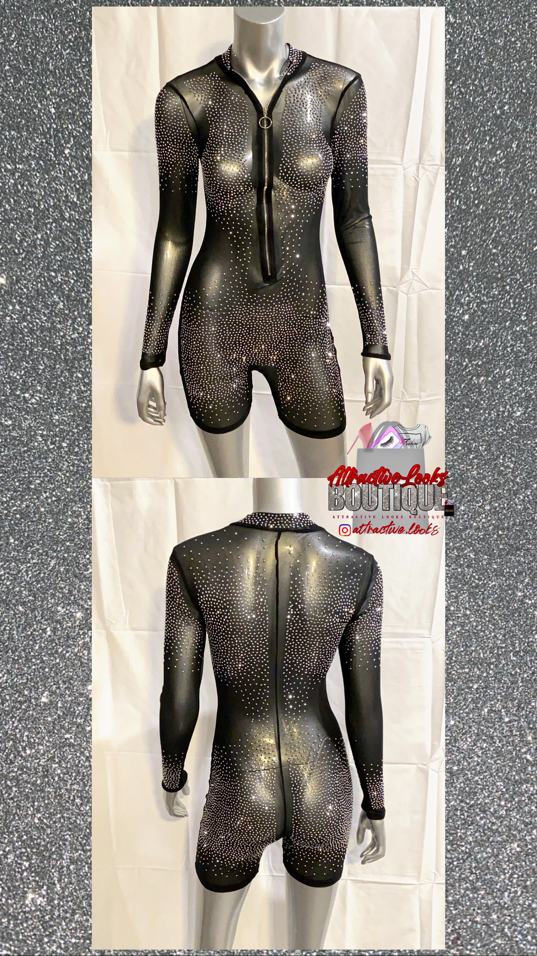 Black Rhinestone Mesh Sheer Romper